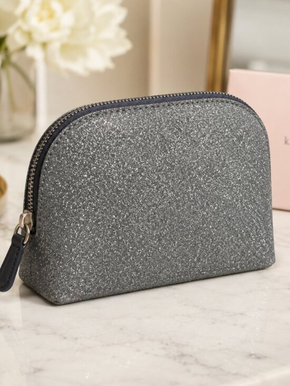 Kate Spade Lola Glitter Cosmetic Bag Dusk Navy Small Dome NWT